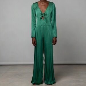Staud Mel Wide Leg Satin Jumpsuit Emerald Green size 8
